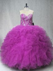 Designer Floor Length Lace Up Sweet 16 Quinceanera Dress Fuchsia for Sweet 16 and Quinceanera with Beading and Ruffles