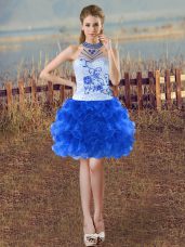 Flirting Blue And White Sleeveless Mini Length Beading and Embroidery and Ruffles Lace Up Party Dresses