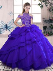 Gorgeous Blue Ball Gowns Beading and Ruffles Sweet 16 Dresses Lace Up Organza Sleeveless Floor Length