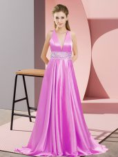 Lilac Evening Wear Elastic Woven Satin Brush Train Sleeveless Beading