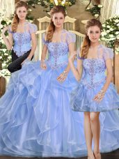 Smart Floor Length Lavender Quince Ball Gowns Organza Sleeveless Beading and Ruffles