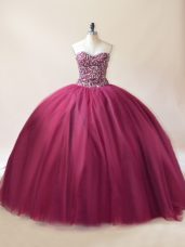 Burgundy Lace Up Sweetheart Beading 15 Quinceanera Dress Tulle Sleeveless