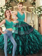 Turquoise Organza Backless V-neck Sleeveless Floor Length Sweet 16 Dress Appliques and Ruffles