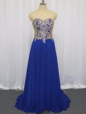 Royal Blue Empire Sweetheart Sleeveless Chiffon Brush Train Zipper Lace and Appliques Formal Evening Gowns