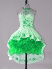 Green Lace Up Cocktail Dress Embroidery and Ruffles Sleeveless High Low