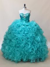 Beautiful Floor Length 15th Birthday Dress Aqua Blue for Sweet 16 and Quinceanera with Ruffles and Sequins