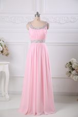 Scoop Sleeveless Evening Wear Floor Length Beading and Ruching Baby Pink Chiffon