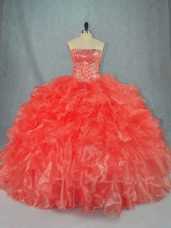 Beading and Ruffles Ball Gown Prom Dress Red Lace Up Sleeveless Floor Length