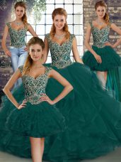 Peacock Green Lace Up Quinceanera Dress Beading and Ruffles Sleeveless Floor Length