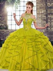 Ball Gowns Quinceanera Gowns Olive Green Halter Top Tulle Sleeveless Floor Length Lace Up