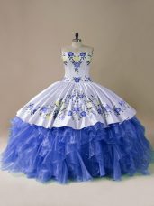 Classical Sleeveless Brush Train Lace Up Embroidery and Ruffles Sweet 16 Quinceanera Dress