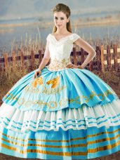 Decent Organza V-neck Sleeveless Lace Up Embroidery and Ruffled Layers Vestidos de Quinceanera in Blue And White