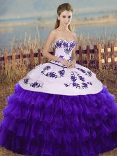 Admirable White And Purple Sweetheart Neckline Embroidery and Ruffled Layers and Bowknot Ball Gown Prom Dress Sleeveless Lace Up