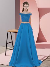 Blue Off The Shoulder Neckline Beading Evening Dresses Sleeveless Backless