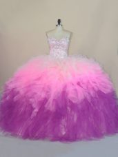 Custom Designed Multi-color Ball Gowns Sweetheart Sleeveless Tulle Brush Train Lace Up Beading and Ruffles Vestidos de Quinceanera