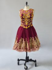 Custom Design Mini Length Burgundy Cocktail Dress Tulle Sleeveless Beading and Appliques