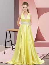 Glittering Yellow V-neck Backless Beading Pageant Dress for Teens Brush Train Sleeveless