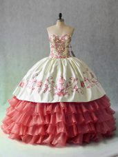 Sumptuous White And Red Sweetheart Lace Up Embroidery and Ruffled Layers Quinceanera Dresses Sleeveless