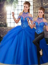 Fabulous Beading and Pick Ups Ball Gown Prom Dress Blue Lace Up Sleeveless Brush Train