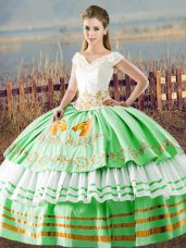 Apple Green V-neck Neckline Embroidery and Ruffled Layers 15th Birthday Dress Sleeveless Lace Up