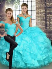 Beading and Ruffles 15 Quinceanera Dress Aqua Blue Lace Up Sleeveless Floor Length