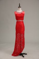 Red Column/Sheath Beading Evening Wear Zipper Lace Sleeveless Floor Length