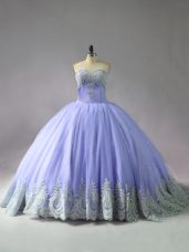 Lavender Sleeveless Tulle Court Train Lace Up Quinceanera Dress for Sweet 16 and Quinceanera