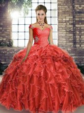 Stunning Coral Red Sleeveless Beading and Ruffles Lace Up Vestidos de Quinceanera