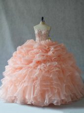 Sexy Ball Gowns Sweet 16 Quinceanera Dress Peach Strapless Organza Sleeveless Floor Length Lace Up