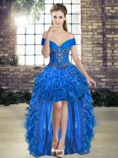 Sleeveless Organza High Low Lace Up Pageant Dress for Womens in Royal Blue with Beading and Ruffles