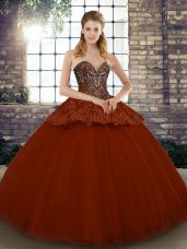 Captivating Sleeveless Tulle Floor Length Lace Up Quinceanera Dress in Rust Red with Beading and Appliques