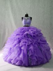 Dazzling Floor Length Lavender Vestidos de Quinceanera Scoop Sleeveless Brush Train Zipper