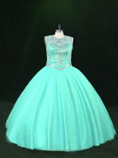 Super Turquoise Tulle Lace Up Ball Gown Prom Dress Sleeveless Floor Length Beading