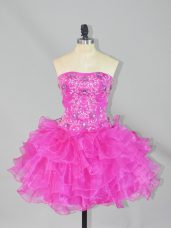 Flirting Fuchsia Organza Lace Up Strapless Sleeveless Mini Length Beading and Ruffles