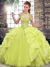 Customized Yellow Green Sleeveless Organza Lace Up 15 Quinceanera Dress for Military Ball and Sweet 16 and Quinceanera