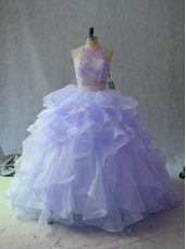 Floor Length Backless Sweet 16 Dresses Lavender for Sweet 16 and Quinceanera with Beading and Ruffles