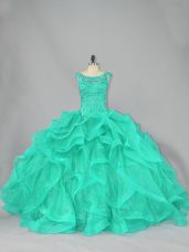 Turquoise Ball Gowns Scoop Sleeveless Organza Floor Length Lace Up Beading and Ruffles Vestidos de Quinceanera