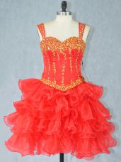 Sleeveless Mini Length Beading and Ruffled Layers Lace Up Prom Gown with Red