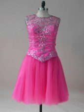 Hot Pink A-line Scoop Sleeveless Tulle Mini Length Lace Up Beading Homecoming Party Dress