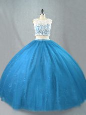 Tulle Scoop Sleeveless Zipper Beading Sweet 16 Dress in Blue