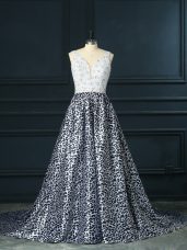 Vintage Sleeveless Printed Brush Train Backless Evening Dress in White And Black with Beading