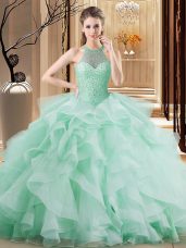 Cute Organza Halter Top Sleeveless Brush Train Lace Up Beading and Ruffles 15 Quinceanera Dress in Apple Green