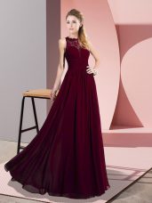 Sumptuous Scoop Sleeveless Evening Dress Floor Length Lace Burgundy Chiffon