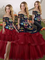 Three Pieces Sleeveless Wine Red Quinceanera Dress Brush Train Lace Up