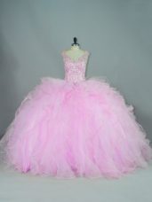 Tulle V-neck Sleeveless Brush Train Lace Up Beading and Ruffles Quinceanera Dress in Lilac