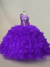 On Sale Organza Scoop Sleeveless Lace Up Ruffles and Sequins Quince Ball Gowns in Purple