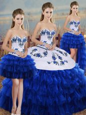 Simple Sweetheart Sleeveless Vestidos de Quinceanera Floor Length Embroidery and Ruffled Layers and Bowknot Royal Blue Organza