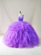 Beading and Ruffles Vestidos de Quinceanera Purple Lace Up Sleeveless Floor Length