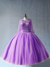 Luxury Long Sleeves Tulle Floor Length Lace Up 15 Quinceanera Dress in Lavender with Beading