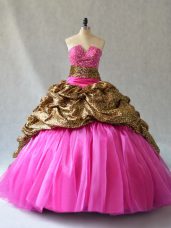 Hot Pink V-neck Neckline Beading and Pick Ups 15th Birthday Dress Sleeveless Lace Up